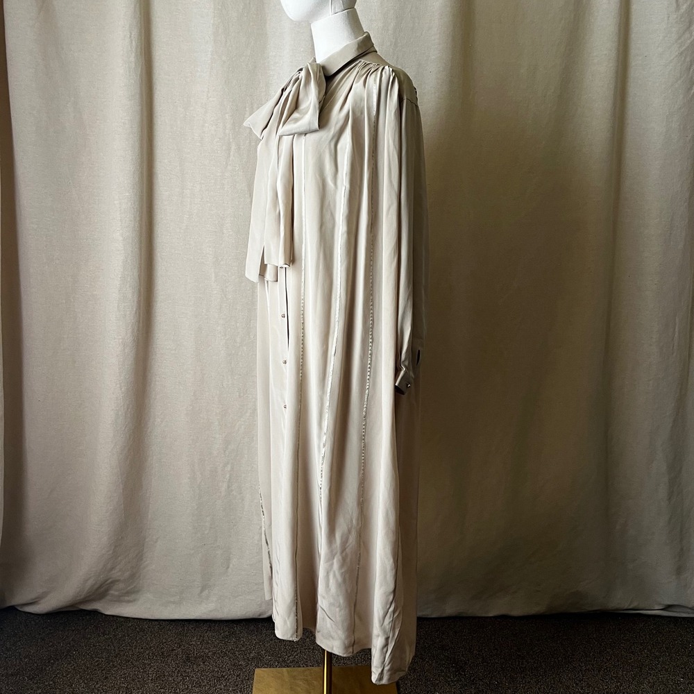 Vintage I. Magnin Silk Dress Italy Beige Oversized Tie Waist Size L - Picture 4 of 10